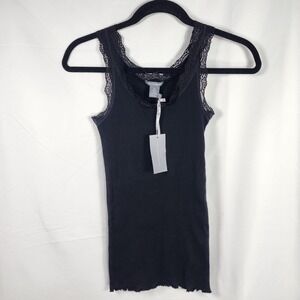 Y2K NWT Lace Trim Ribbed Tank Top Womens Medium Black Knit Coquette Deadstock